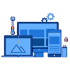 Illustration of blue digital devices including a laptop, monitor, tablet, and smartphone with gear and wrench icons, symbolizing technology and device optimization.