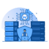 Illustration of a person at a laptop, shield icon, circuit symbol with "W" above, surrounded by server racks, in blue tones.