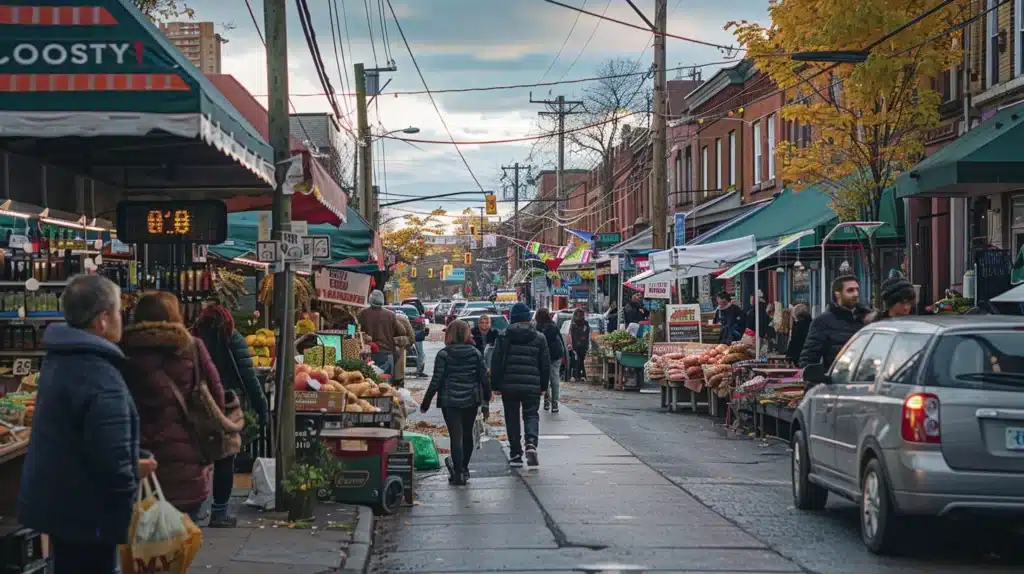 a bustling downtown scene captures the vibrant energy of a community market, where local businesses showcase their products, adorned with colorful signage featuring thoughtfully chosen local keywords that reflect the essence of the neighborhood.