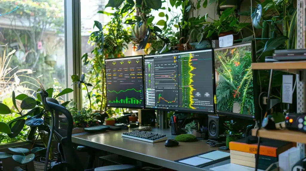 a dynamic, engaging workspace filled with bright natural light, showcasing a large computer screen displaying strategic seo keyword analytics, surrounded by lush greenery and colorful stationery that suggest creativity and productivity.