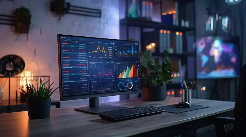 a dynamic workspace showcasing a sleek computer screen filled with vibrant analytics graphs and keyword performance metrics, illuminated by soft, focused lighting to emphasize the tools of digital marketing strategy.