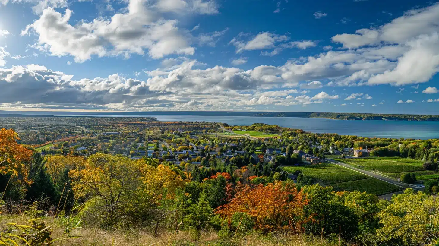 a panoramic view of traverse city, showcasing a vibrant landscape with lush vineyards and shimmering waters, symbolizing the essence of effective seo strategies driving local business success.