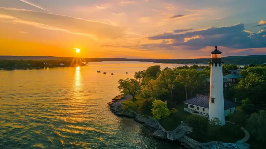 a picturesque sunset over traverse city, michigan, illuminating the iconic lighthouses and the serene east bay, symbolizing the vibrant community connection and local engagement.