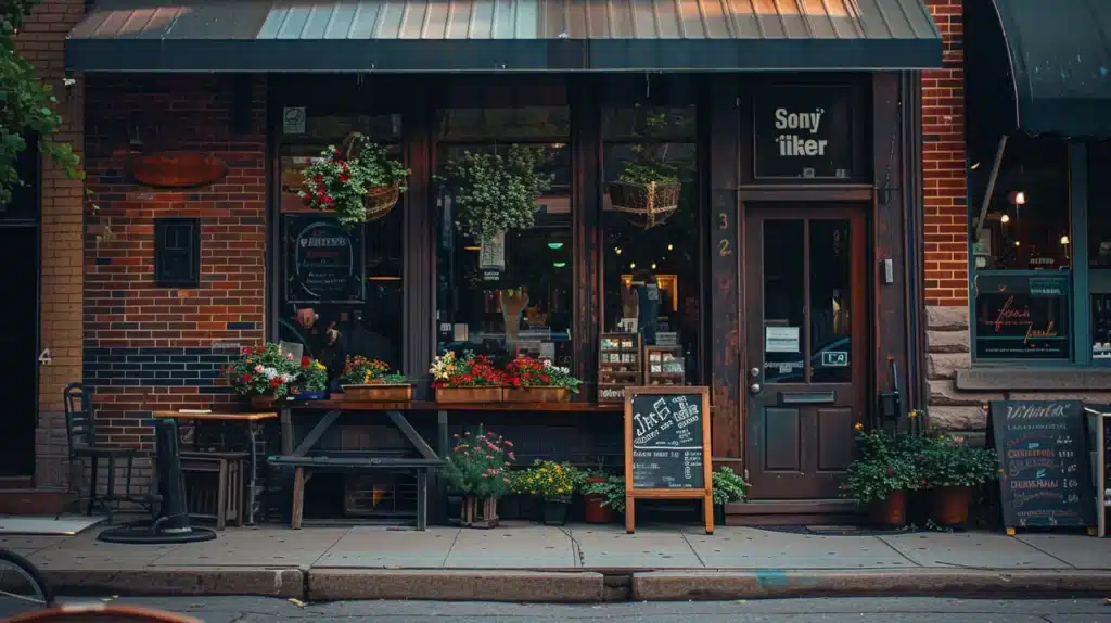 a vibrant, bustling local business storefront near the great lakes, with a clear focus on an inviting entrance, enhanced by high-quality signage and lively outdoor seating, bathed in warm afternoon sunlight.