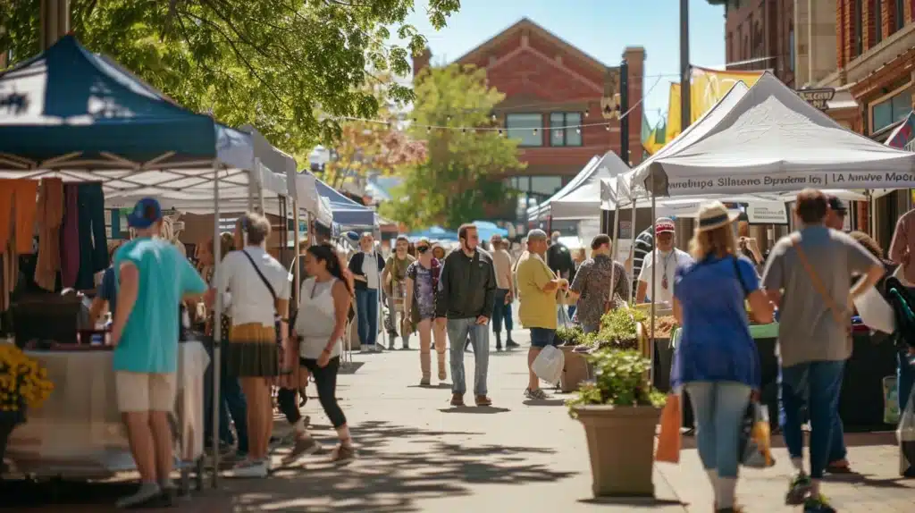 a vibrant, bustling local marketplace in traverse city, filled with engaging vendors and community members interacting, under warm sunlight, showcasing an atmosphere of trust and connection.