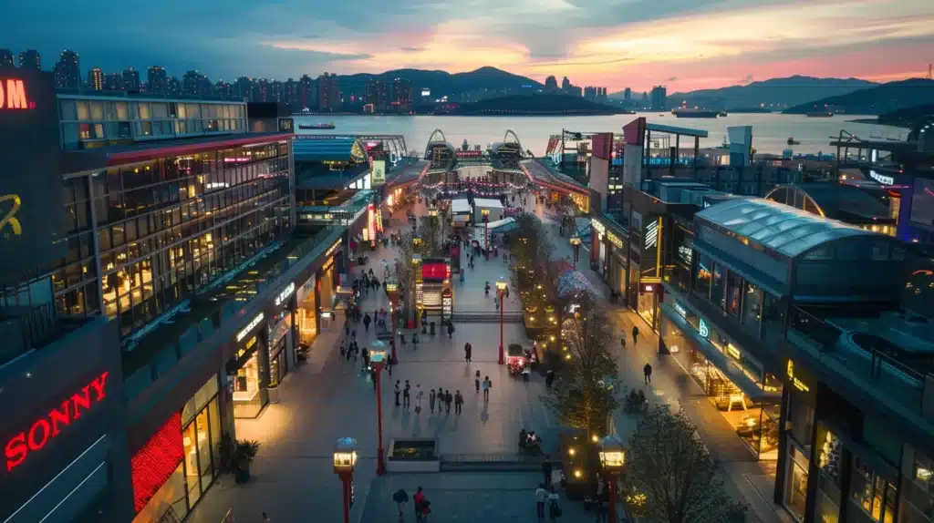 a vibrant cityscape at dusk, with illuminated storefronts and bustling streets, symbolizing the active engagement of businesses with their local community and reflecting the dynamic nature of local seo performance.