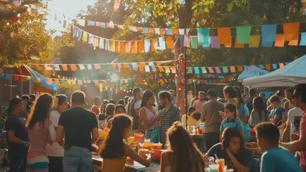 a vibrant community gathering featuring local businesses sharing resources and collaborating, with colorful banners and engaged participants under bright sunlight, symbolizing unity and strong community connections.