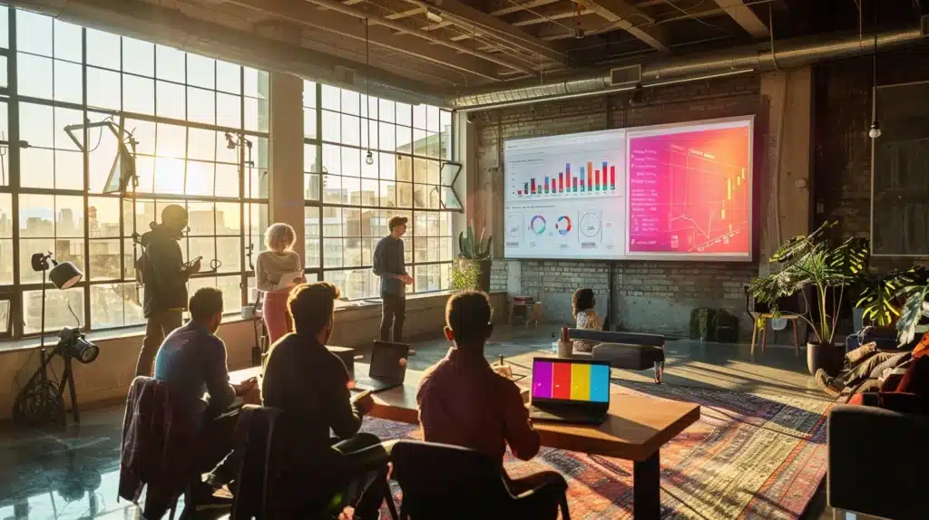 a vibrant, dynamic workspace filled with modern technology and engaged individuals collaborating around a large screen displaying colorful seo graphs and trends, illuminated by soft, natural light filtering through large windows.