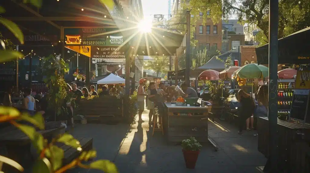 a vibrant local market bustling with diverse community members engaging with pop-up social media displays, surrounded by colorful banners showcasing user-generated content and local hashtags, illuminated by warm, inviting sunlight.