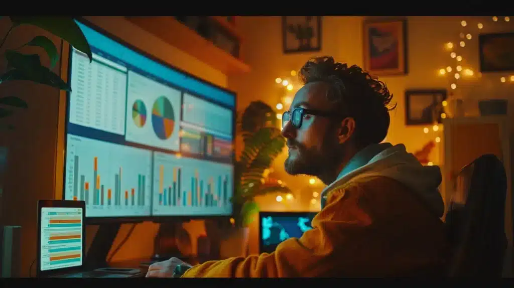 a vibrant scene of a digital marketer intently studying a large screen filled with colorful graphs and keyword analytics, illuminated by soft, warm lighting in a modern office setting.