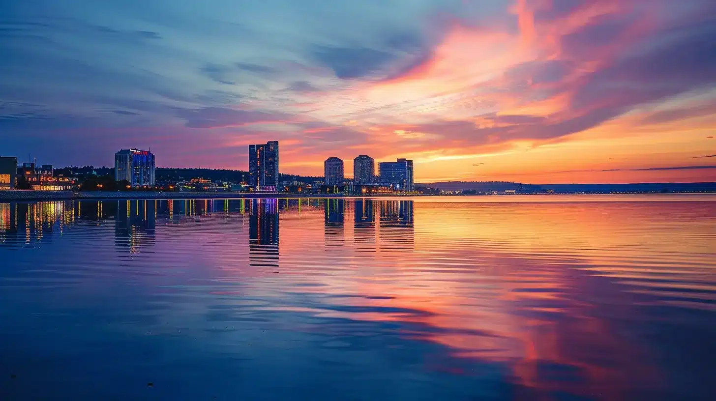 a vibrant skyline of traverse city at sunset reflects on the shimmering waters, showcasing the dynamic intersection of nature and technology essential for mastering seo.