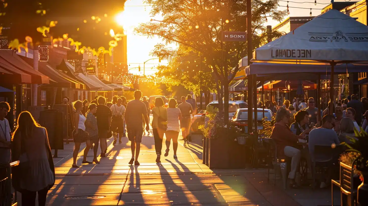 a vibrant street scene bustling with community members engaging with local businesses, illuminated by golden sunset light, showcasing the essence of local seo's impact on community connection.