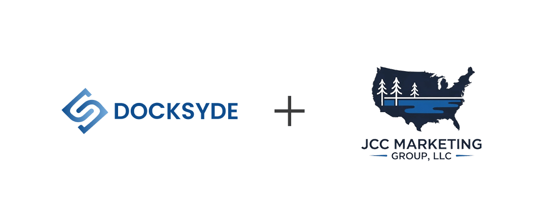 Two company logos featured in the header: DocksYde with a blue abstract icon on the left and JCC Marketing Group with a U.S. map and trees on the right, separated by a plus sign