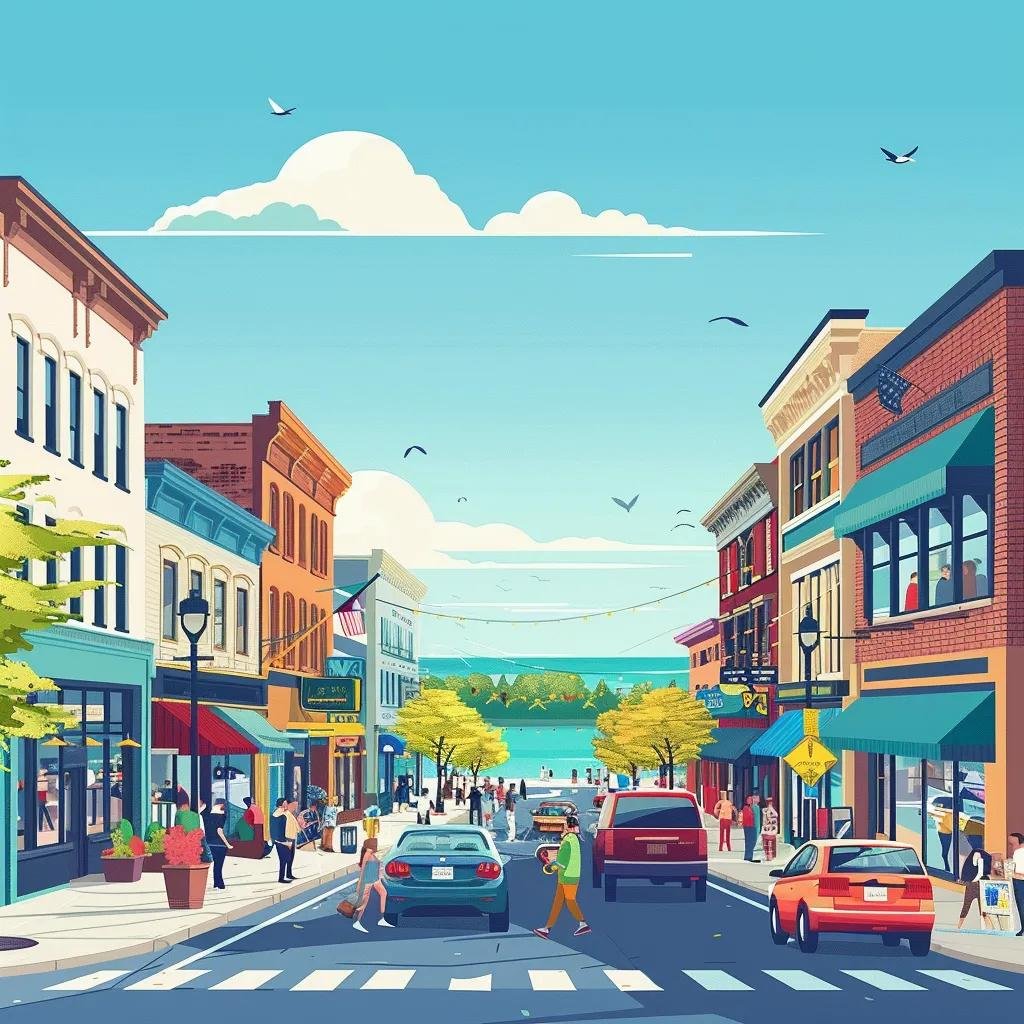 Colorful illustration of a bustling Traverse City street scene with shops, pedestrians, and a view of the waterfront, highlighting local business activity and community engagement.