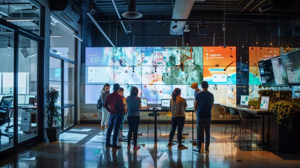 a dynamic urban office environment showcases a diverse team collaboratively analyzing data on local search optimization strategies, surrounded by digital displays highlighting traverse city's vibrant business landscape and visitor traffic trends.