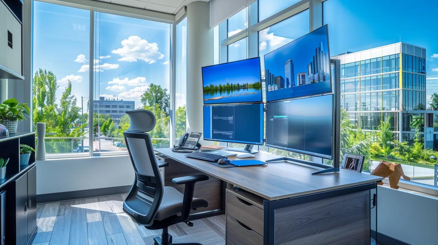 a modern office space featuring a sleek desk with dual monitors displaying local seo analytics, surrounded by vibrant cityscape views through expansive windows, emphasizing the theme of digital marketing success in traverse city.