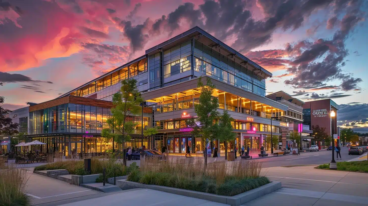 a vibrant sunset casts a golden glow over traverse city’s bustling downtown, showcasing a diverse group of entrepreneurs engaging with their vibrant storefronts, symbolizing the importance of local seo in their thriving community.