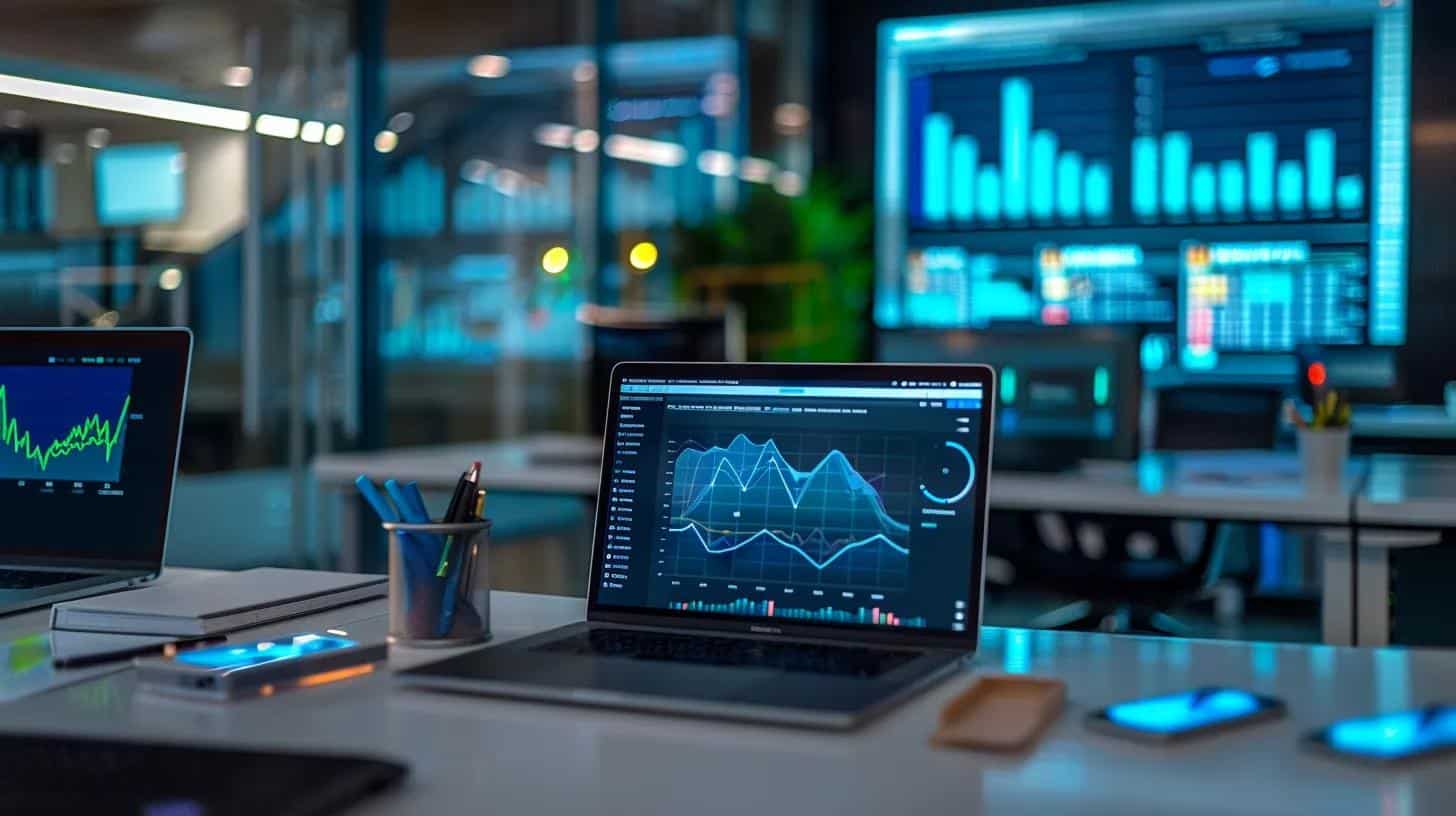 a modern office workspace is filled with sleek laptops and digital screens displaying vibrant graphs and analytics, showcasing strategic seo metrics to emphasize the urgency of adopting effective digital marketing strategies.