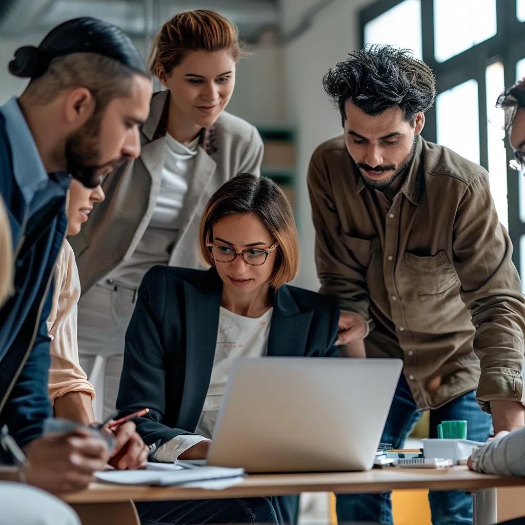 Group of diverse professionals collaborating around a laptop, engaging in discussion and strategizing for local SEO and client review management.