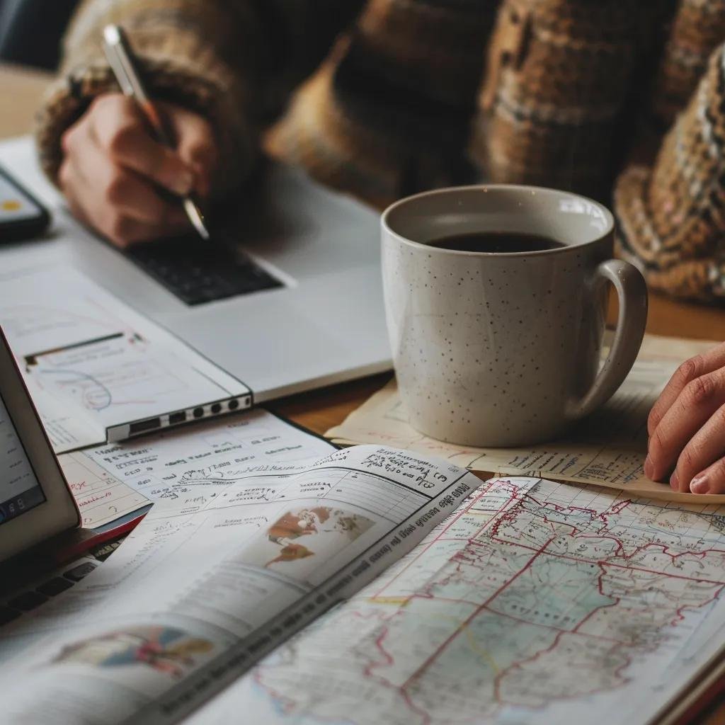 Person writing notes with a pen on a laptop, surrounded by maps, documents, and a coffee mug, illustrating local keyword research and SEO strategy planning for Traverse City businesses.