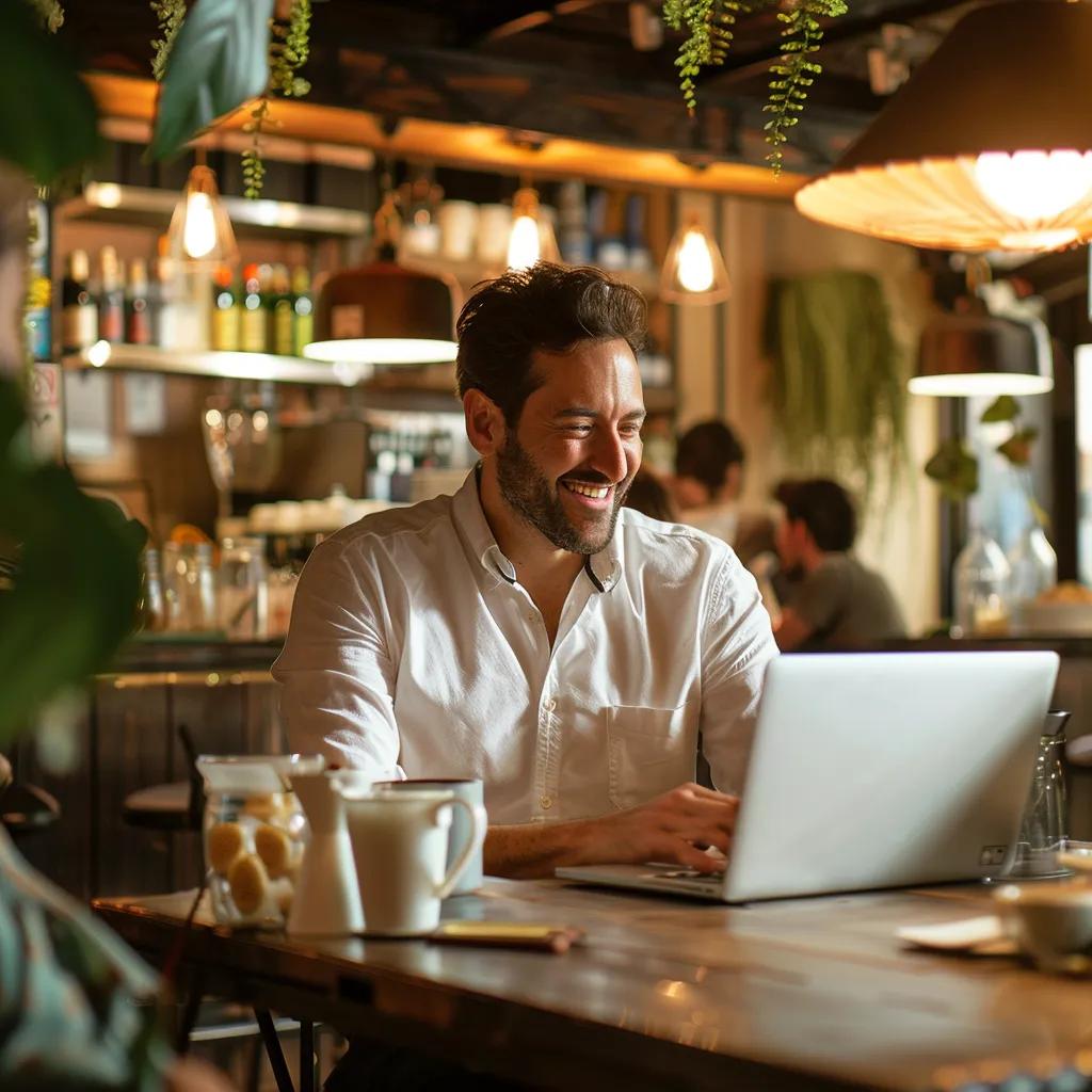 A business owner warmly engaging with customers and responding to online reviews in a cozy cafe setting.