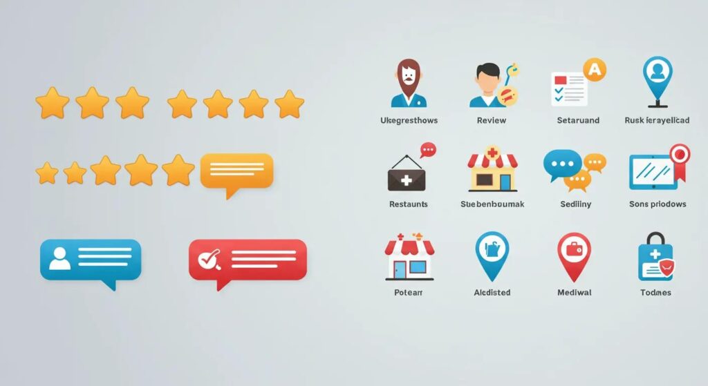 Graphic showing star ratings, review bubbles, and local business directory icons