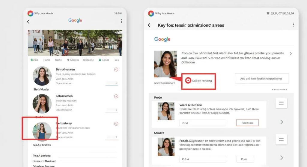 Screenshot or graphic of a Google Business Profile interface with key optimization areas highlighted