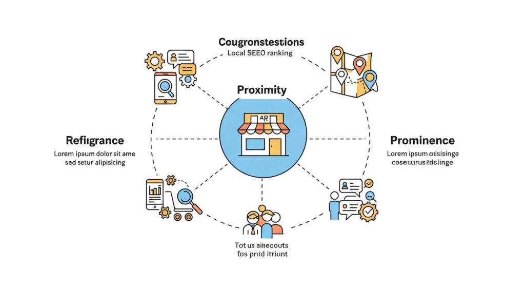 Graphic illustrating the triad of Relevance, Proximity, and Prominence in local SEO ranking