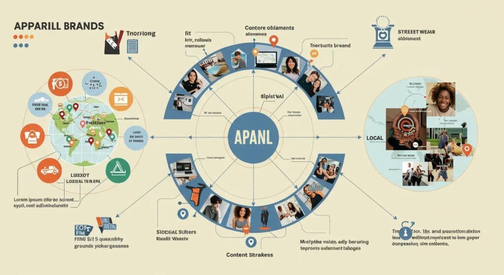Graphic showing keywords, local maps, and content elements for apparel brands