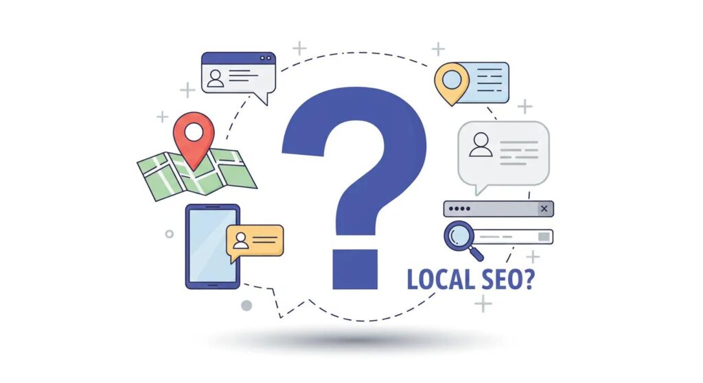 Question mark icon or thought bubble representing frequently asked questions about local SEO