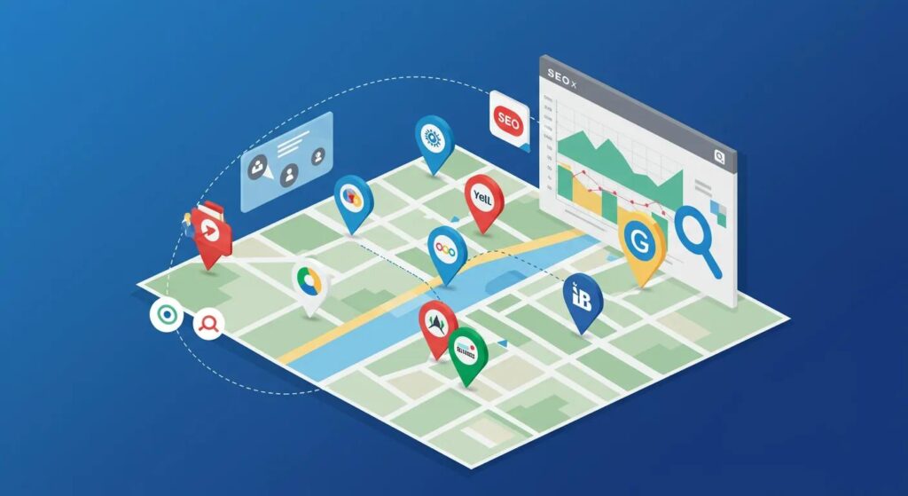Illustration of local citations impacting SEO ranking with map pins and search icons