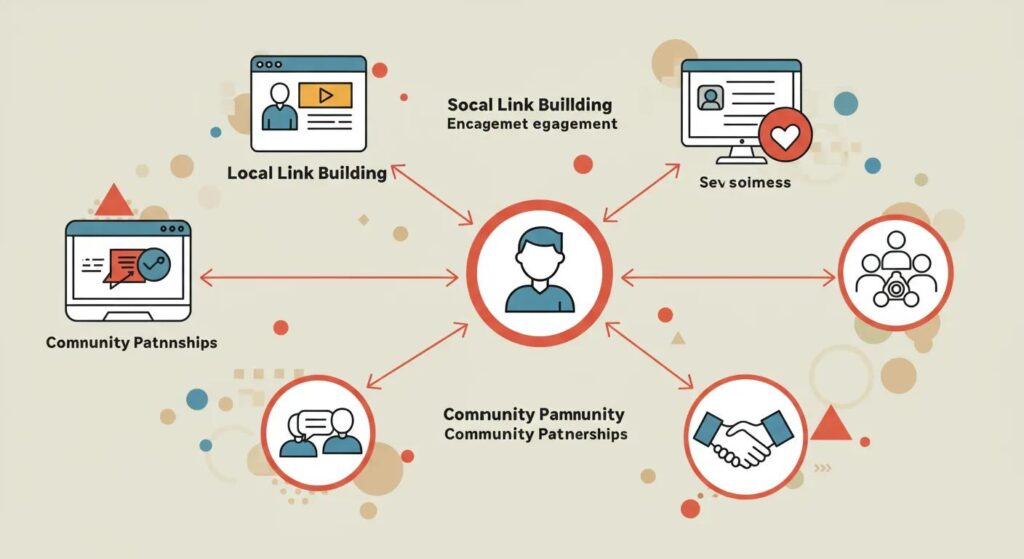 Graphic representing local link building, social media engagement, and community partnerships
