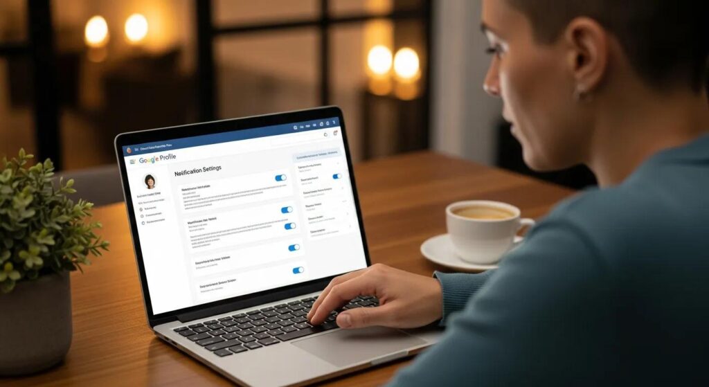 Person configuring Google Business Profile notification settings on a laptop