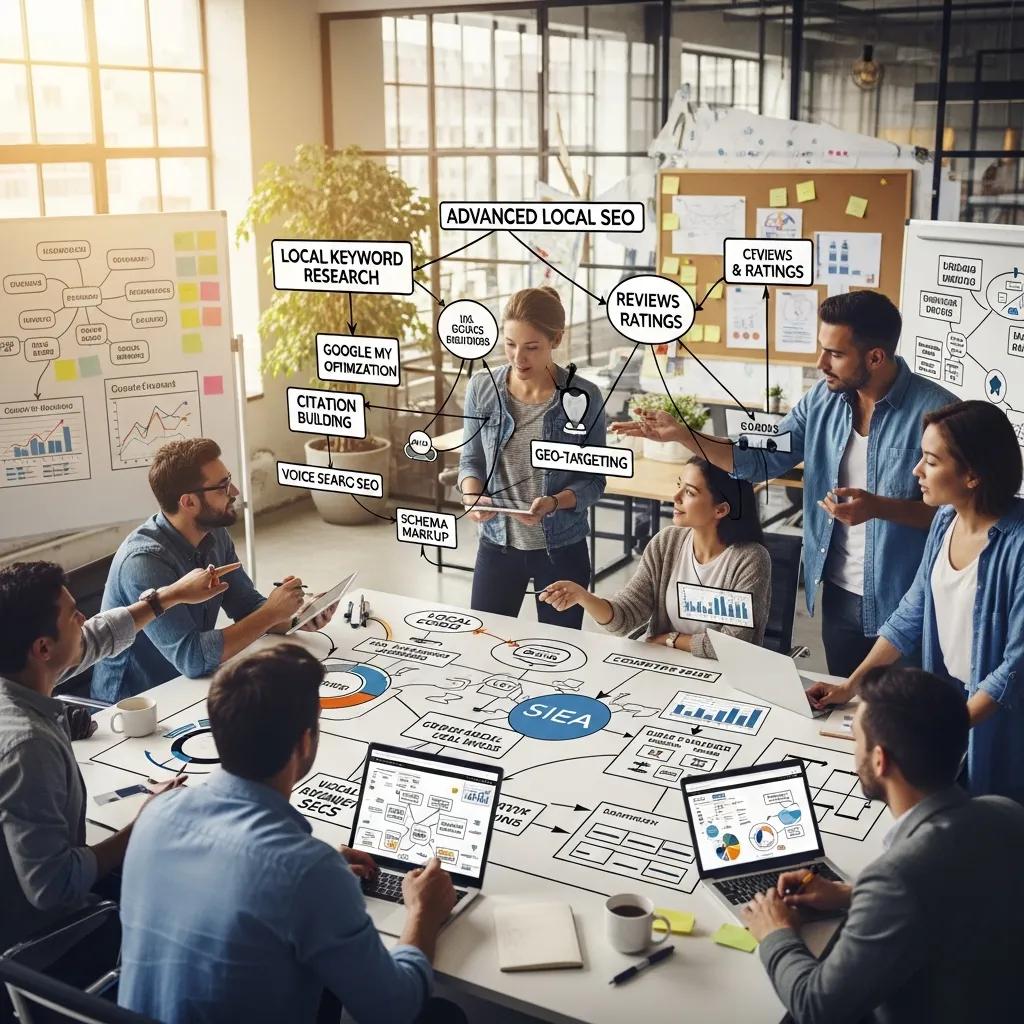 Marketing team reviewing advanced local SEO strategies together in an office