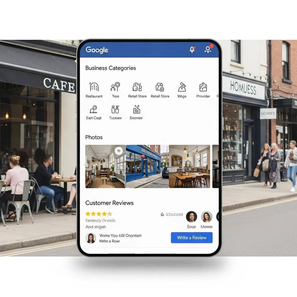 Graphic showing Google Business Profile features: categories, photos, reviews, and posts