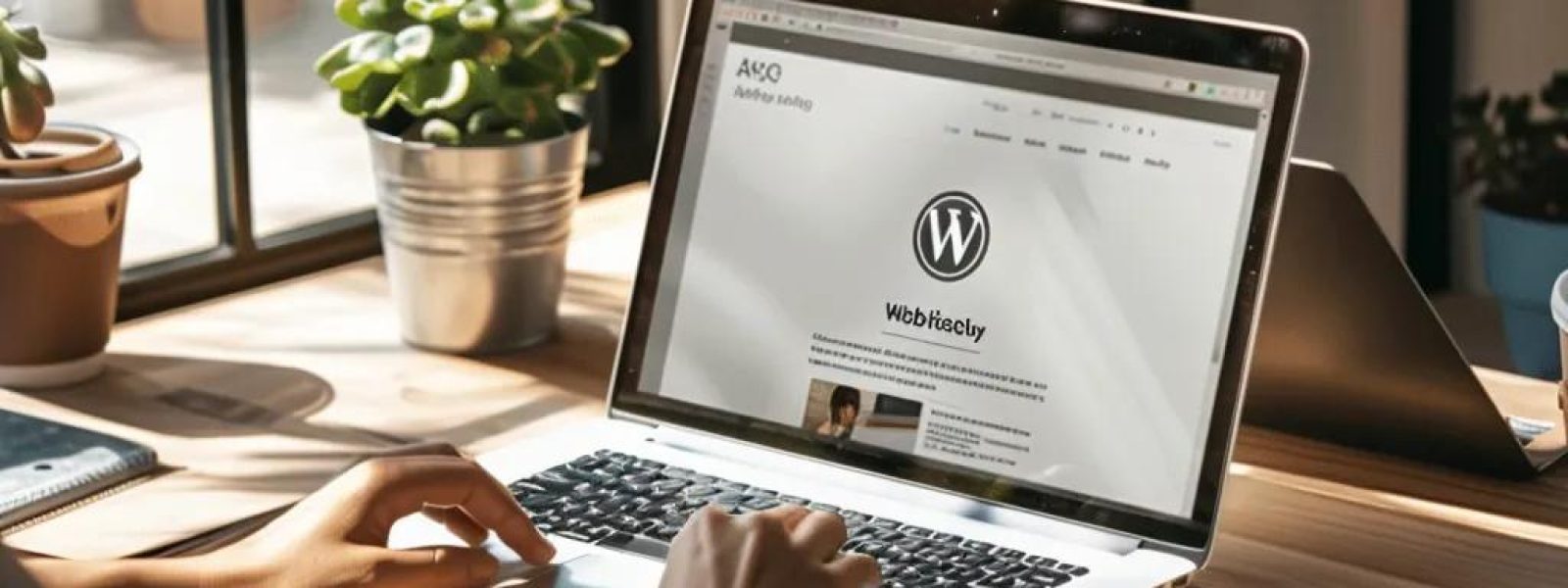 Person working on a laptop with WordPress logo, representing the installation process for beginners