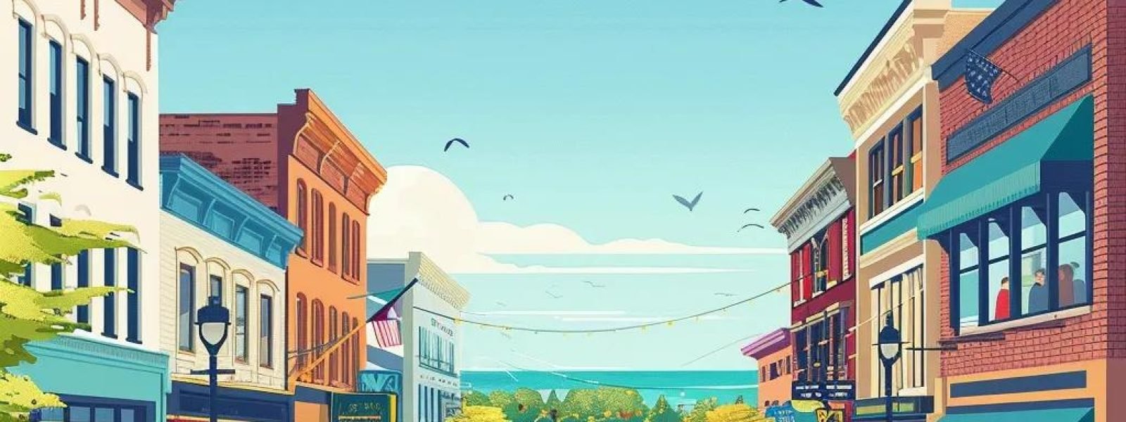 Colorful illustration of a Traverse City street scene with historic buildings, storefronts, and a view of the waterfront, reflecting local business culture and community engagement.