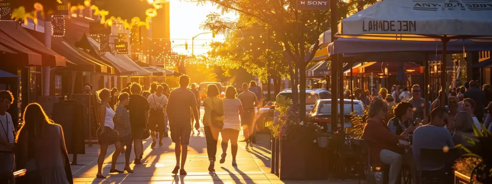 a vibrant street scene bustling with community members engaging with local businesses, illuminated by golden sunset light, showcasing the essence of local seo's impact on community connection.