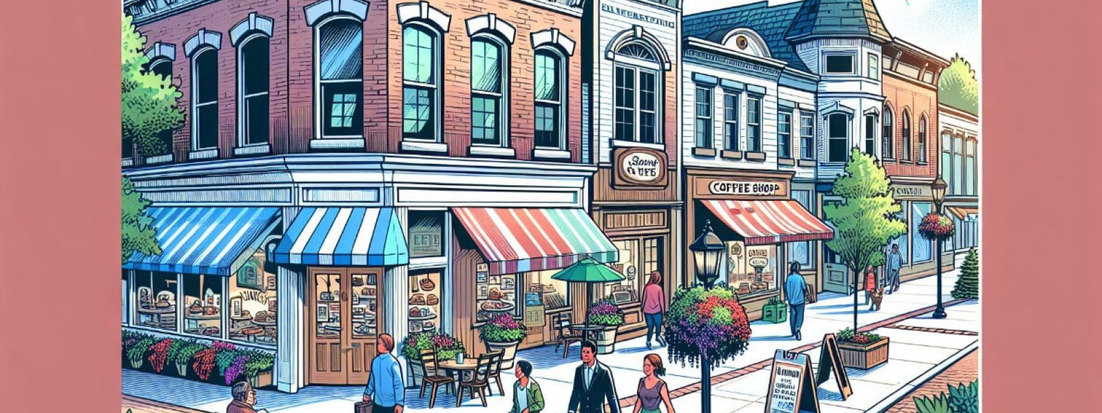 Illustration of a lively street with shops, awnings, and people walking on the sidewalk. Trees and flowers are in bloom, creating a welcoming atmosphere.