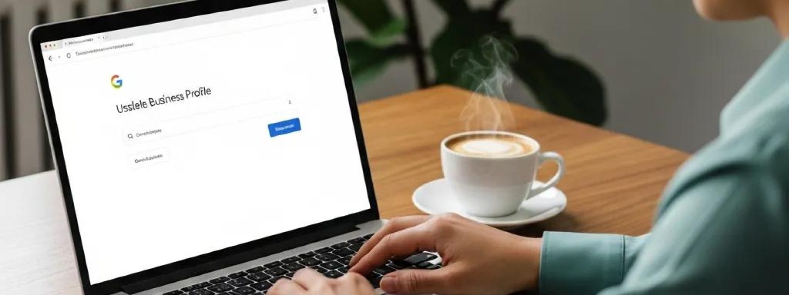 Business owner optimizing Google Business Profile in a cozy office