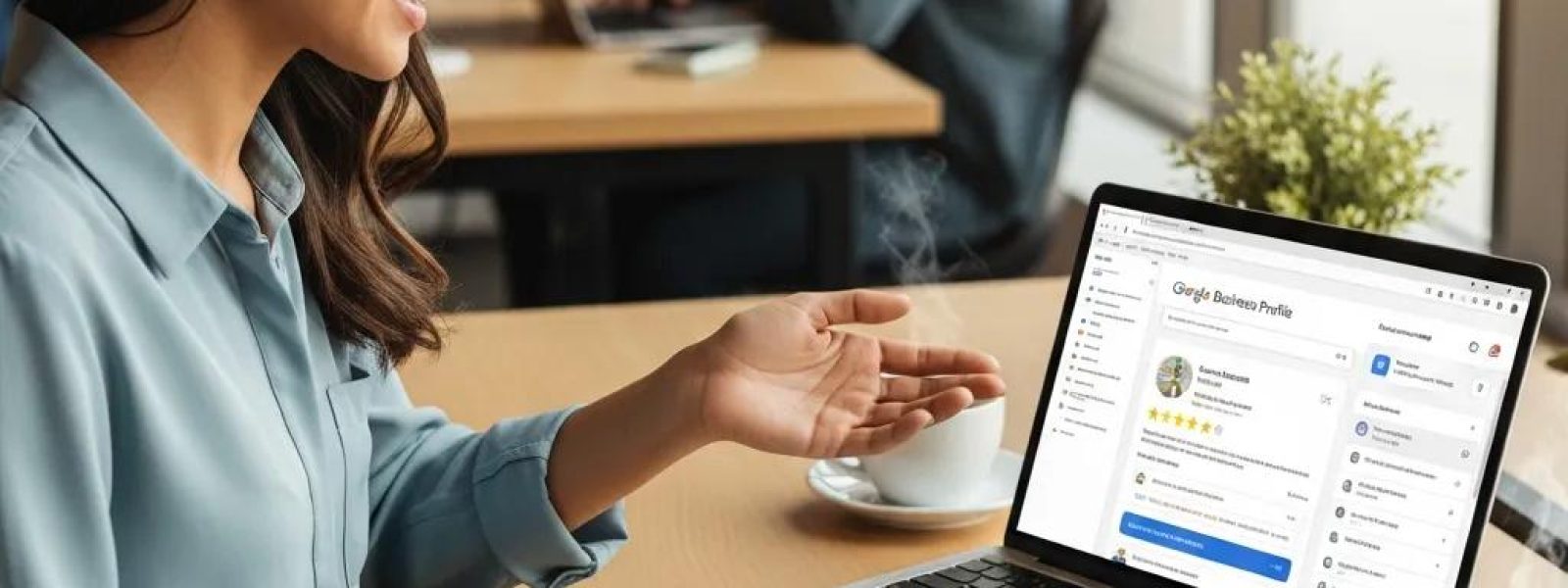 Business owner optimizing Google Business Profile on a laptop in a modern workspace