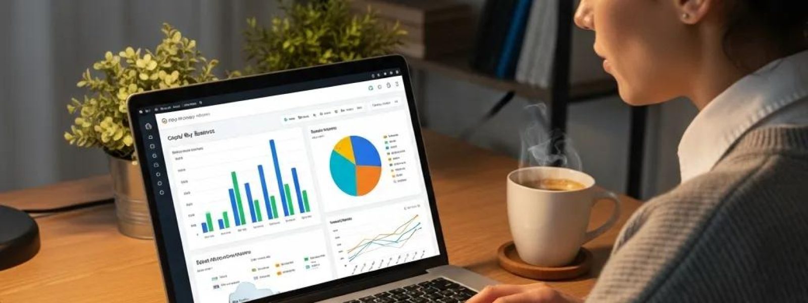 Business owner reviewing local SEO data on a laptop in a cozy office