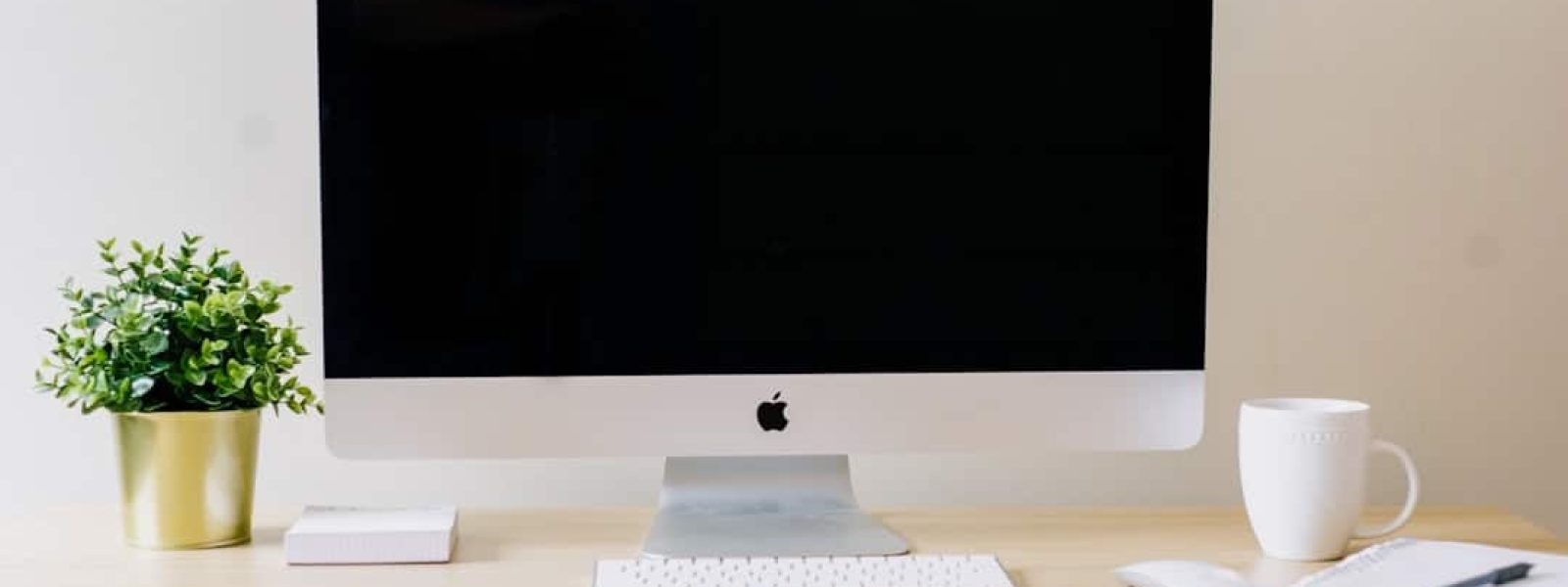 A computer monitor, keyboard, and mouse on a wooden desk, with a potted plant, a cup, and a notebook nearby.