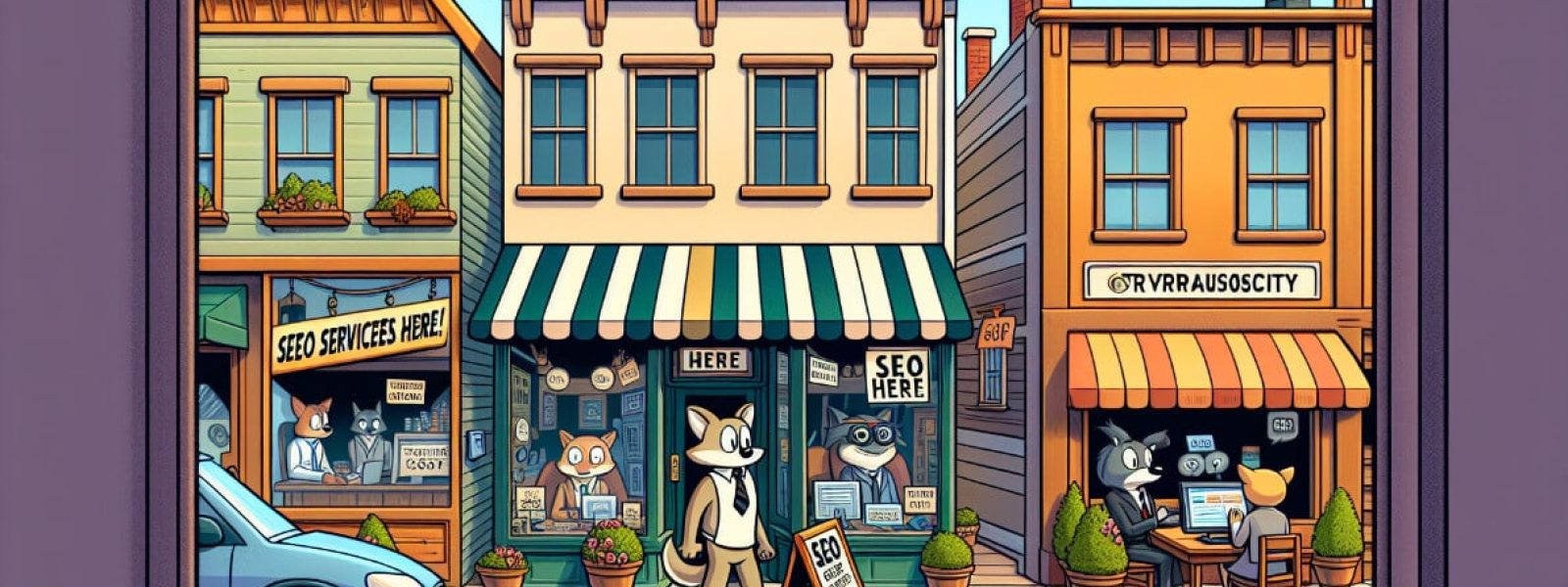 A cartoon scene of a street with anthropomorphic animals running SEO businesses. Buildings have signs like "SEO Here" and "SEO Services." A car is parked on the left, and animals are walking nearby.