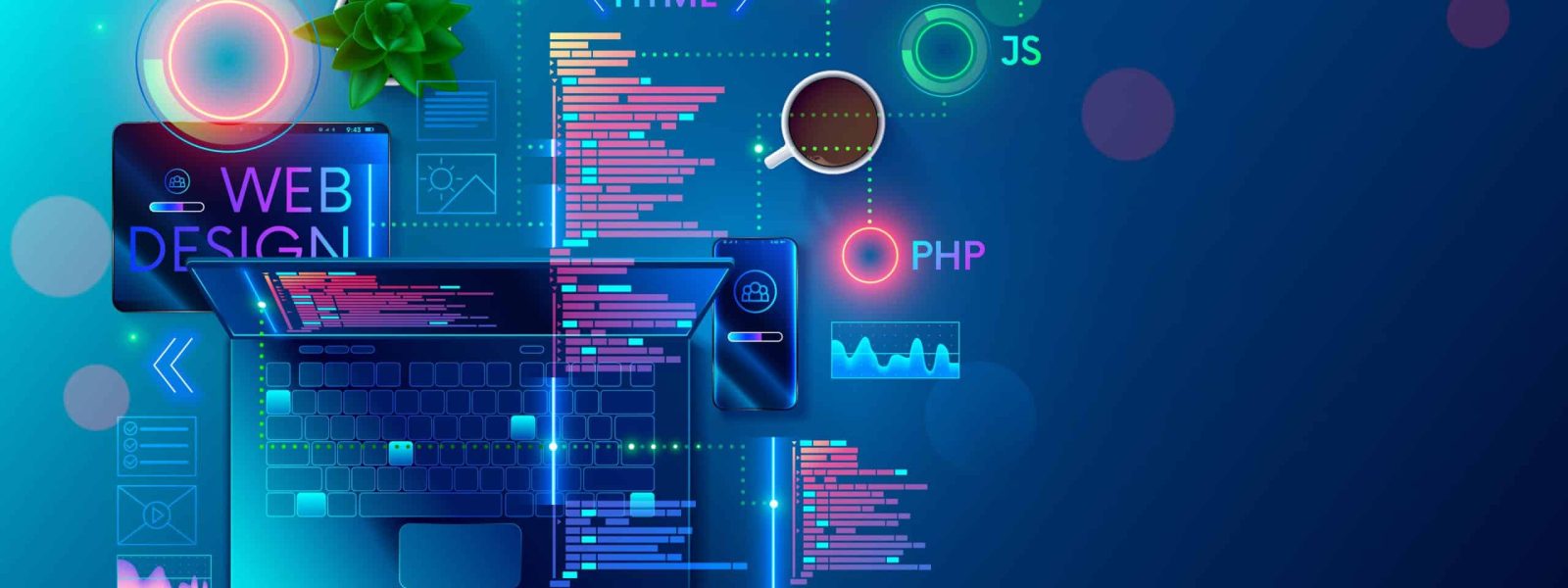 A digital illustration of web design concepts serves as a comprehensive guide, featuring a laptop, smartphone, plant, and code snippets in HTML, CSS, JS, and PHP on a blue background.