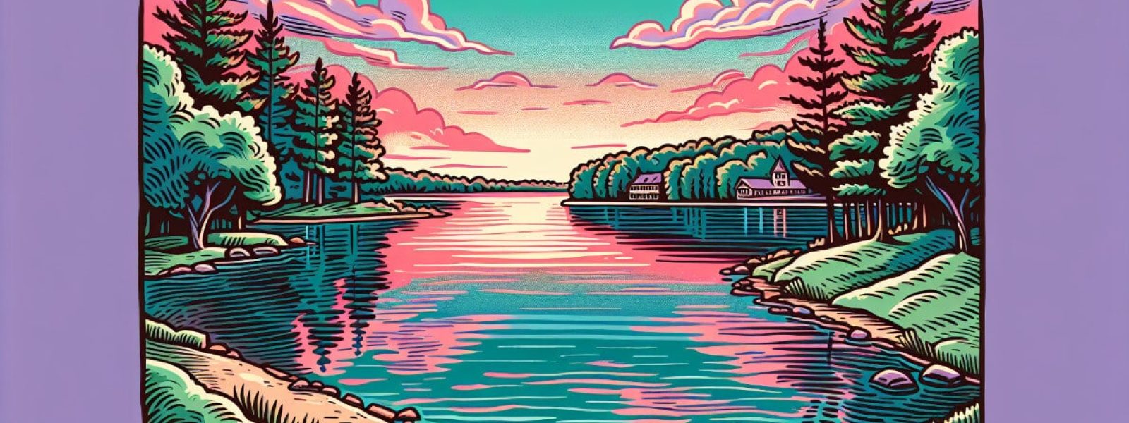 Illustrated landscape of a river surrounded by trees at sunset with colorful clouds in the sky.