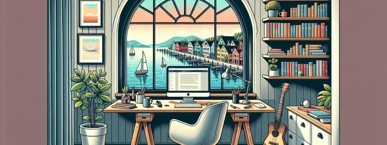 Cozy office with a wooden desk and computer, overlooking a seaside town through a large arched window. Bookshelves, a guitar, and plants decorate the room.